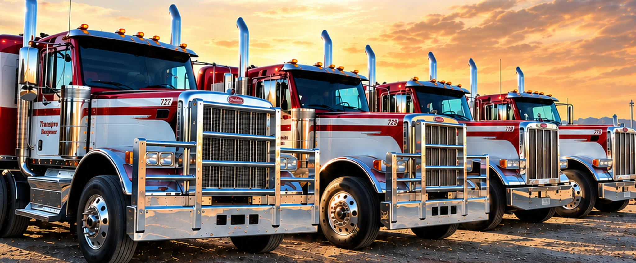 Four red-and-white TransPro Burgener Peterbilt trucks lined up at sunset